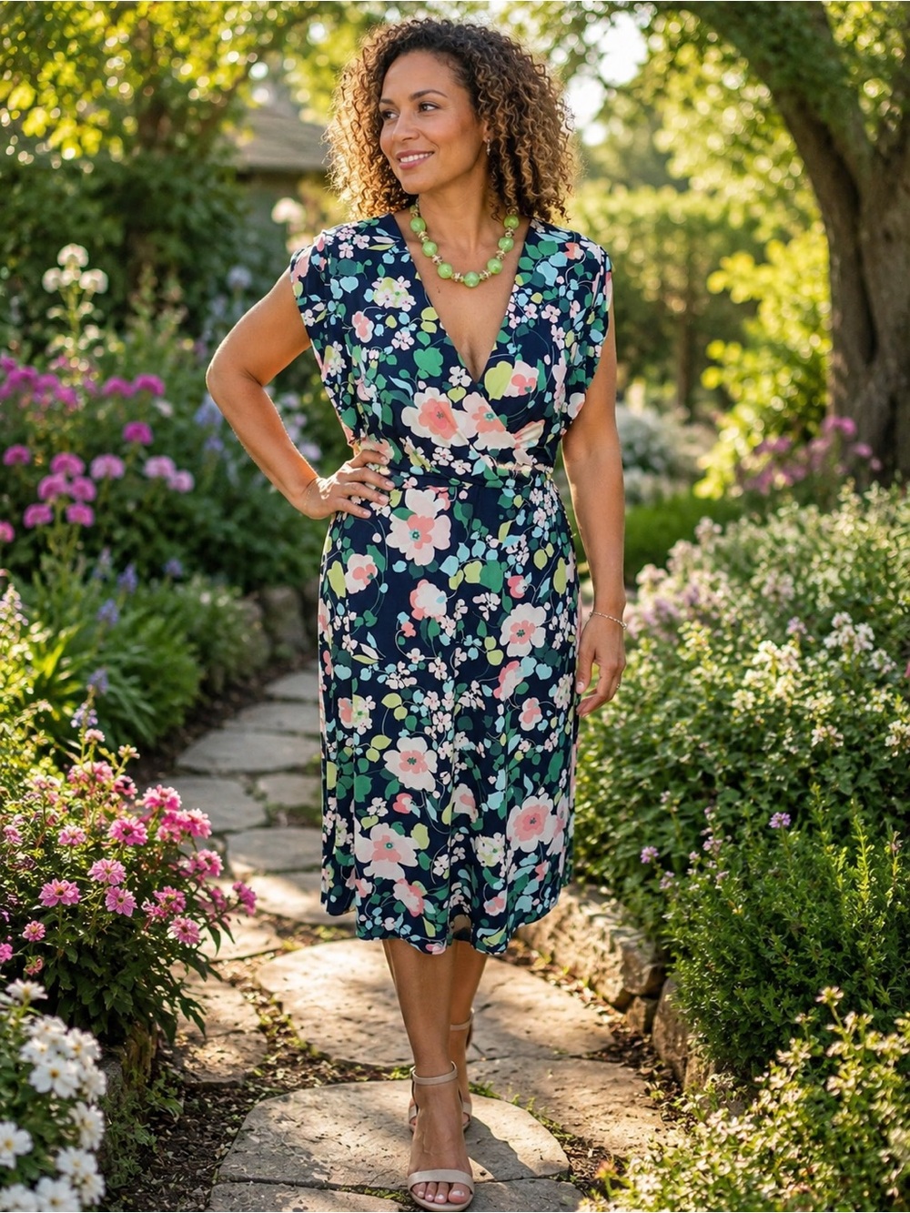 Tommy Hilfiger Navy Blue Floral Wrap Midi Dress